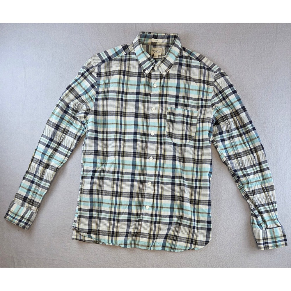 J.Crew Indian Madras Slim Fit Plaid Button Down Shirt Blue Yellow Mens Large
